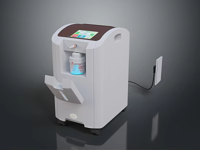 White And Brown Medical Oxygen Concentrator With LCD Screen Small Bottle Control Panel And Wheels 3d model