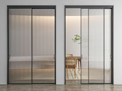 Modern Glass Sliding Doors in Interior Space with Dining Table and Plant 3d model