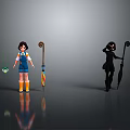 Two Women In Blue Overalls Yellow Boots And Black Outfit With Umbrella Cane Green Creature