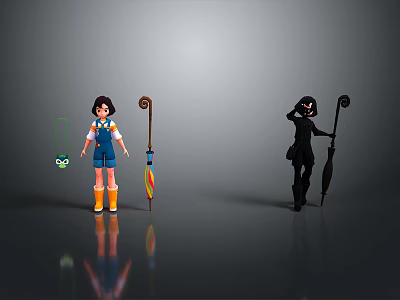 Two Women In Blue Overalls Yellow Boots And Black Outfit With Umbrella Cane Green Creature 3d model