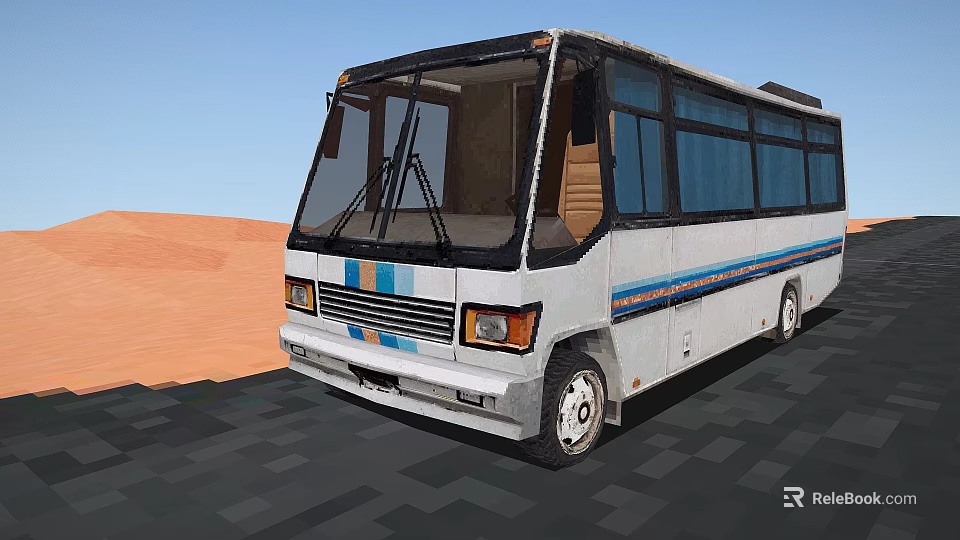 Vintage White Bus With Blue Stripes Large Windows In Desert On Gray Pavement 3d model 