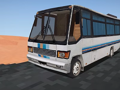 Vintage White Bus With Blue Stripes Large Windows In Desert On Gray Pavement 3d model