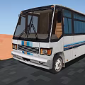 Vintage White Bus With Blue Stripes Large Windows In Desert On Gray Pavement
