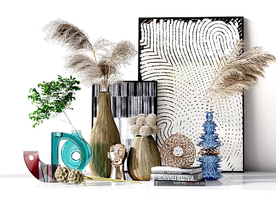 Elegant Decorative Ornament Set With Dried Pampas Grass Ceramic Vases Sculptures And Abstract Wall Art 3d model