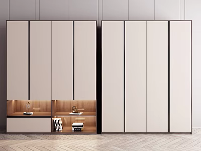 Modern Light Beige Wardrobe Design With Black Trim Wooden Shelf And LED Lighting 3d model