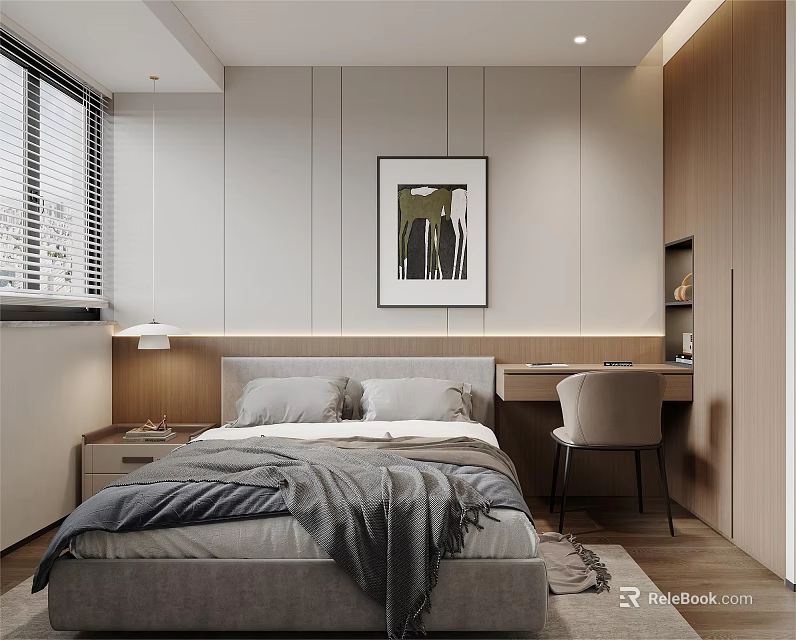 Modern Minimalist Bedroom Interior With Bed Nightstand Table Lamp Wall Art Desk And Chair 3d model 