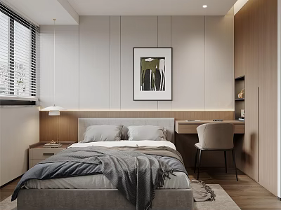 Modern Minimalist Bedroom Interior With Bed Nightstand Table Lamp Wall Art Desk And Chair 3d model