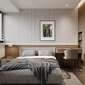 Modern Minimalist Bedroom Interior With Bed Nightstand Table Lamp Wall Art Desk And Chair