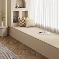 Cozy Beige Window Seat With Chevron Light Gray Pillows Side Table Green Plant White Curtains