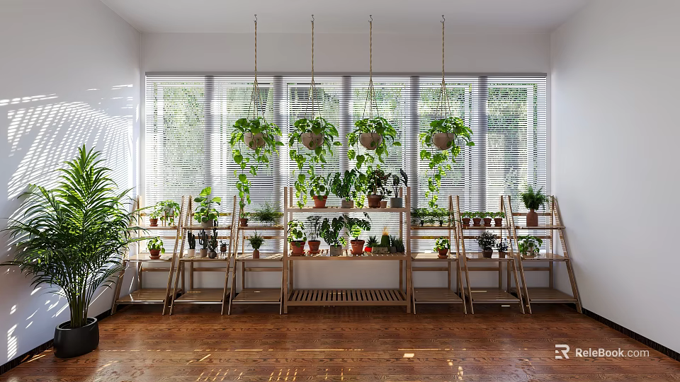 Indoor Garden Decor With Wooden Shelves Potted Plants And Hanging Greenery Natural Light Through Blinds 3d model 