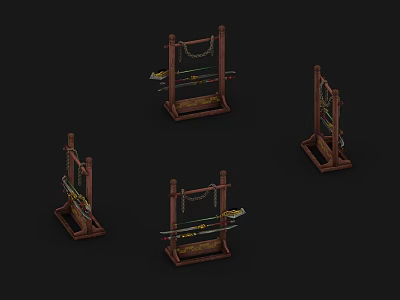 Ancient Wooden Weapon Racks With Hanging Bows And Arrows Display Stands 3d model