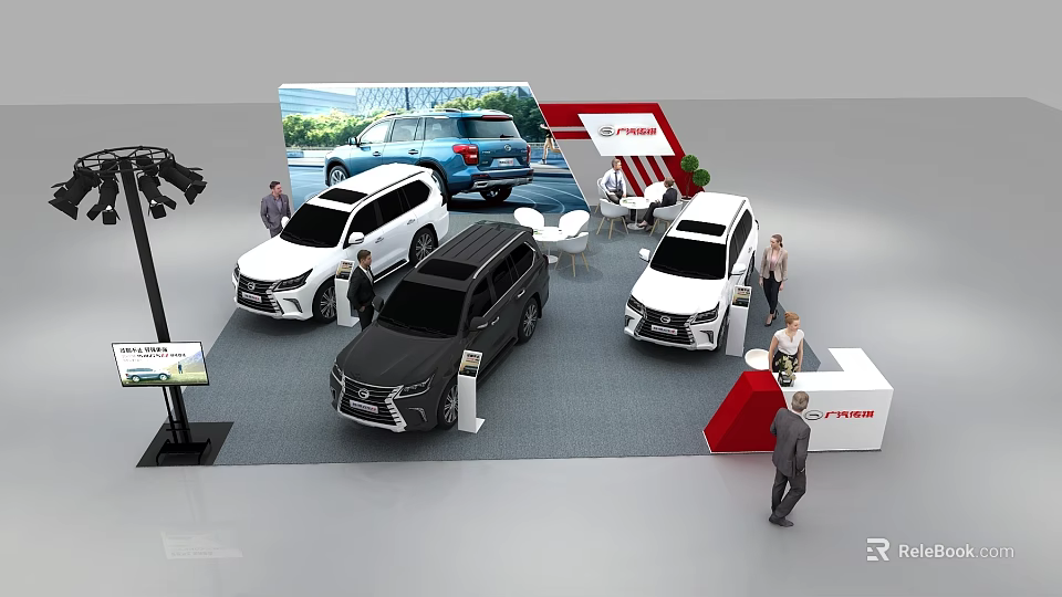Automobile Exhibition Booth With Multiple SUVs And Large Background Screen Display Setup 3d model 