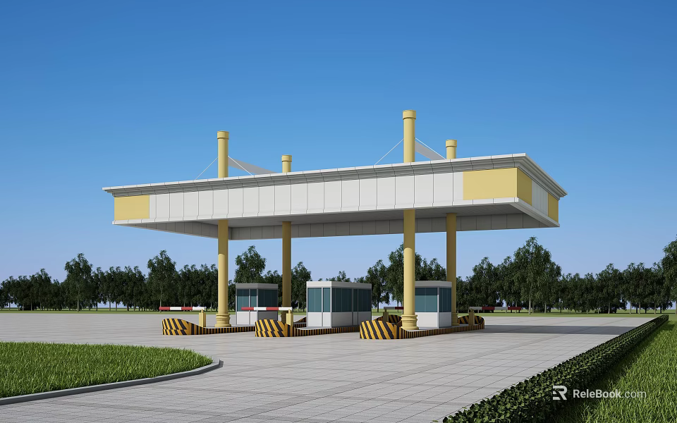 Modern Gas Station Canopy With Yellow Pillars Fuel Pumps And Green Trees 3d model 