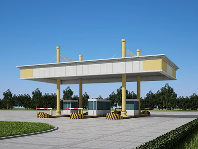Modern Gas Station Canopy With Yellow Pillars Fuel Pumps And Green Trees 3d model