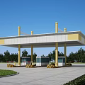 Modern Gas Station Canopy With Yellow Pillars Fuel Pumps And Green Trees