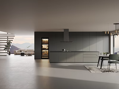 Modern Open Kitchen Interior With Gray Cabinets Range Hood And Mountain View 3d model