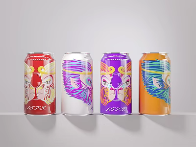 Colorful Beverage Cans With Lion Head Designs And 1573 Label In Red White Purple Orange 3d model