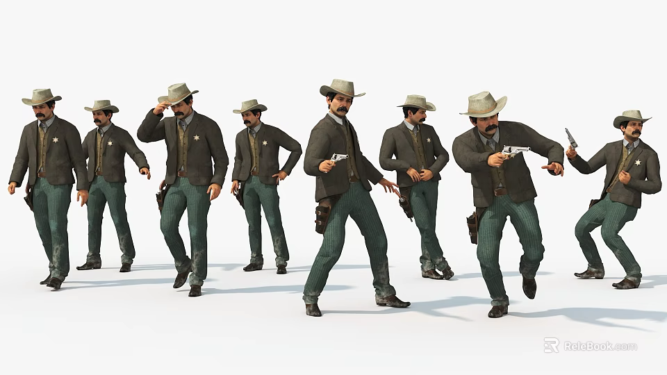 Game and Movie Cowboy Characters With Hats Holding Guns in Various Poses 3d model 