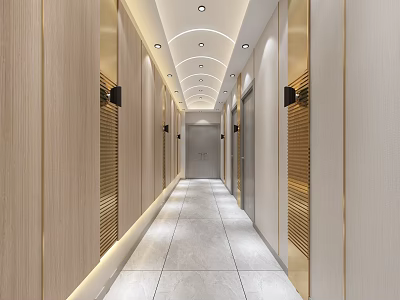 Modern Elevator Corridor With Wooden Accents And Recessed Lighting 3d model
