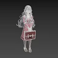 Anime Woman With Long Hair In Pink Dress Holding Brown Suitcase Light Green Background
