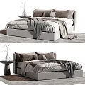Modern Double Bed Interior With Neutral Tones Pillows Throw Blanket And Side Table Vase 3d model