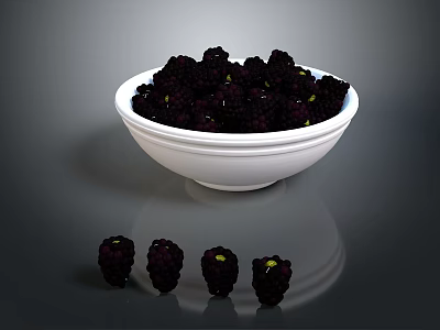 Fresh Ripe Blackberries in White Bowl with Scattered Berries on Table Surface 3d model