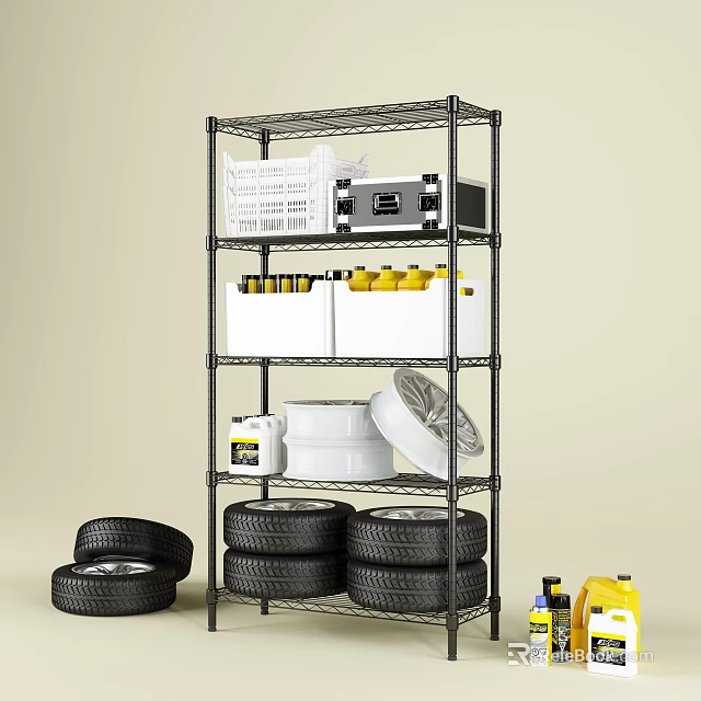 Metal Wire Storage Shelving Unit With Tires White Containers Yellow Bottles Black Equipment And Baskets 3d model 