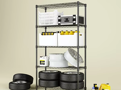 Metal Wire Storage Shelving Unit With Tires White Containers Yellow Bottles Black Equipment And Baskets 3d model