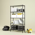 Metal Wire Storage Shelving Unit With Tires White Containers Yellow Bottles Black Equipment And Baskets