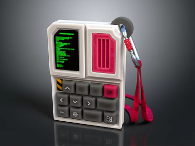 Retro Handheld Device With Green Text Display Gray And Red Buttons And Red Lanyard 3d model