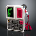 Retro Handheld Device With Green Text Display Gray And Red Buttons And Red Lanyard