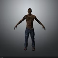 A Shirtless Man With Chest Tattoos And Necklace In Blue Jeans And Brown Shoes