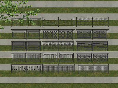 Various Decorative Railings with Intricate Patterns and Designs on Grass and Concrete 3d model