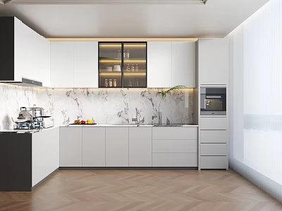 Modern Open Kitchen Interior Design With Island Counter And Cabinets 3d model