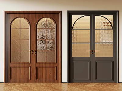 Two Elegant Doors Featuring Wooden And Dark Frames With Arched Glass Panels 3d model