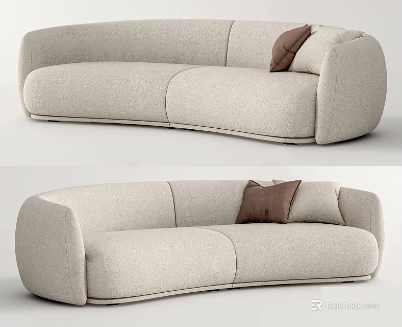Curved Beige Sectional Sofa Featuring Modern Design And Brown Accent Cushion 3d model 