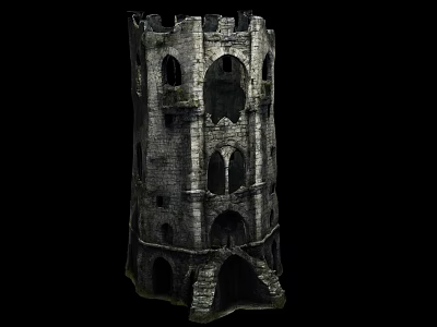 Cartoon Scene Of Ancient Stone Tower With Arched Windows And Ruined Structure 3d model