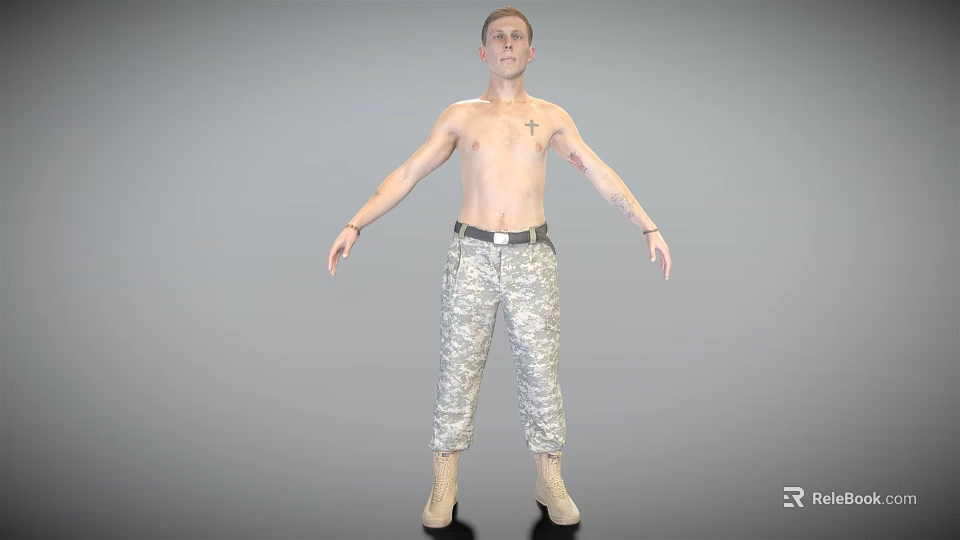 A Shirtless Man With Chest Tattoos In Camouflage Pants And Military Boots Standing With Arms Outstretched 3d model 