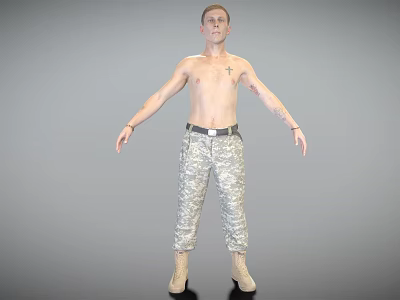 A Shirtless Man With Chest Tattoos In Camouflage Pants And Military Boots Standing With Arms Outstretched 3d model