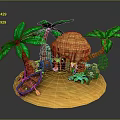 Commercial Tropical Themed Decorative Equipment With Thatched Hut Palm Trees And Boat