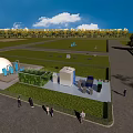 Industrial Factory Building with Glass Facade in Green Outdoor Area Under Blue Sky and Clouds