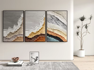 Modern Interior Wall Decor With Abstract Wave Textured Paintings And Potted Plant 3d model