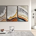 Modern Interior Wall Decor With Abstract Wave Textured Paintings And Potted Plant