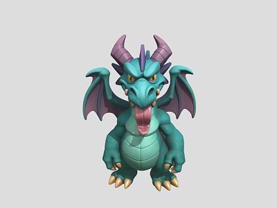 Cartoon Dragon Character With Green Body Purple Horns Wings Sticking Out Tongue In Game Movie 3d model
