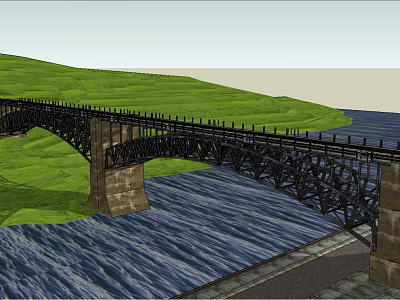 Black Iron Bridge With Stone Piers Over River And Green Hillside 3d model