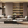Modern Living Room Interior With Light Gray Sofa Black Coffee Table Wooden Shelves And Lighting