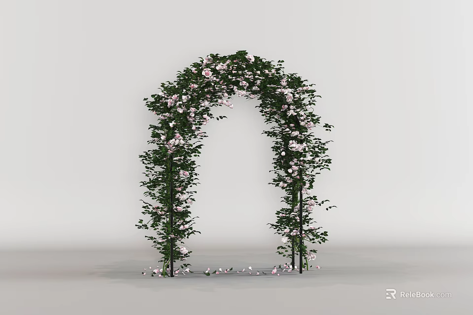 Decorative Garden Archway Wreathed in Green Vines and Pink Flowers with Scattered Petals 3d model 