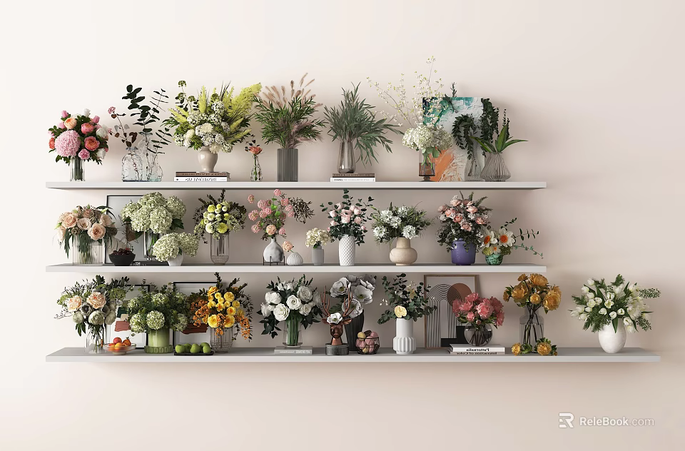 Various Colorful Flowers In Decorative Vases Arranged On Multiple White Shelves 3d model 