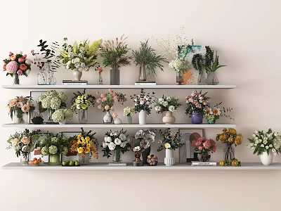 Various Colorful Flowers In Decorative Vases Arranged On Multiple White Shelves 3d model