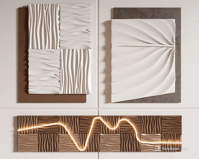 Textured 3D Wall Decor with Brown White Patterns Fan Shaped Design and Wavy LED Light 3d model